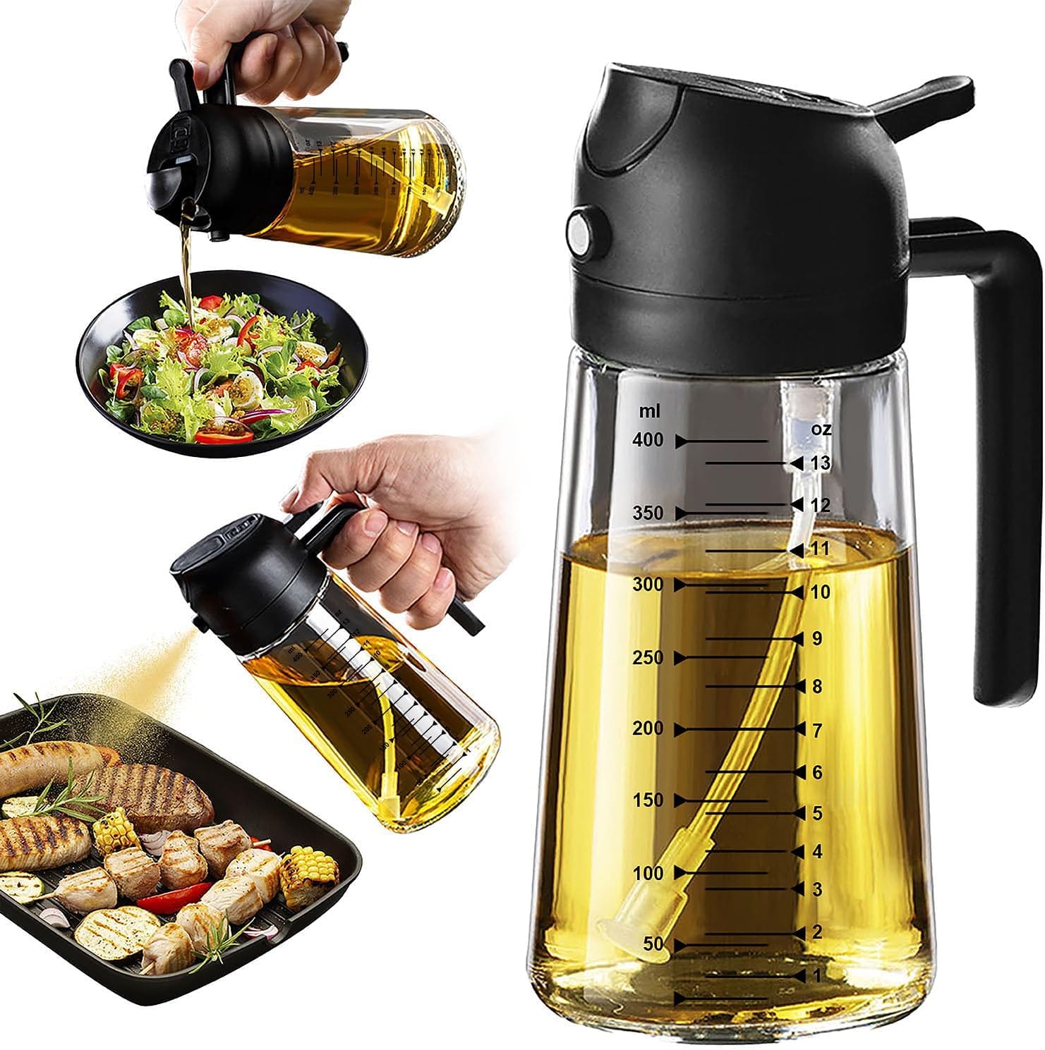 TrendPlain 16oz/470ml Glass Olive Oil Sprayer for Cooking – 2 in 1 Olive Oil Dispenser Bottle for Kitchen Gadgets and Air Fryer Accessories, Salad, BBQ – Black